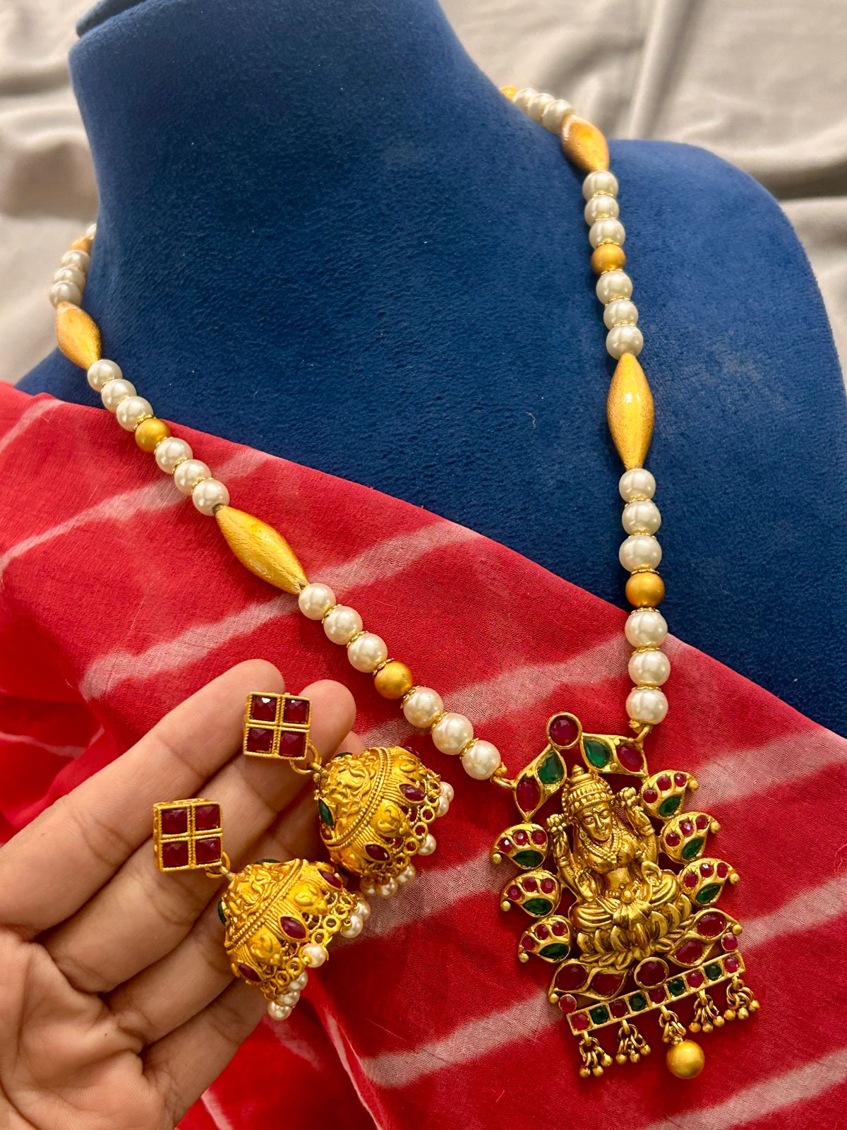 Temple Jewellery Pearl Mala with Lakshmi Pendant & Jhumka Earrings